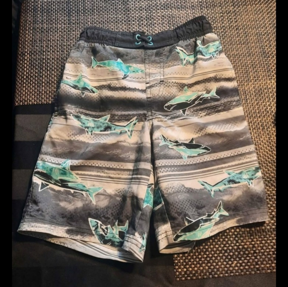 Wonder Nation Boy's Shark Print Swim Trunks - Black and Gray